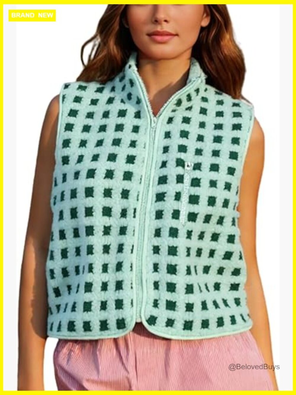 Women's Checkered Sherpa Vest Sleeveless Zip Up Fleece Top Plaid Collared Vest
